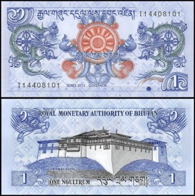 The image is of a Bhutan 1 Ngultrum banknote from 2013 in uncirculated (UNC) condition. The front of the banknote features a blue on multicolor underprint with a Dharmachakra (Wheel of Dharma) between two dragons (Druk) at the center. The back of the banknote features the Simtokha Dzong Palace.